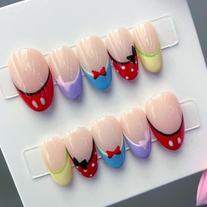 Custom Disney press ons, character nails, Disney inspired nails, colorful pastel press on nails, bow nails, theme park nail design, gel nail