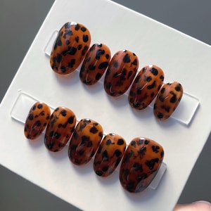 May include: Set of ten brown and black leopard print false nails.