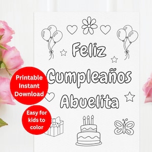Coloriage à imprimer de Feliz Cumpleanos Abuelita à colorier pour leur Abuelita. Carte de joyeux anniversaire en espagnol pour grand-mère.