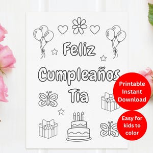 Feliz Cumpleaños Tia página para colorir para imprimir para as crianças colorirem para a Tia. Cartão de Feliz Aniversário em espanhol para a Tia.
