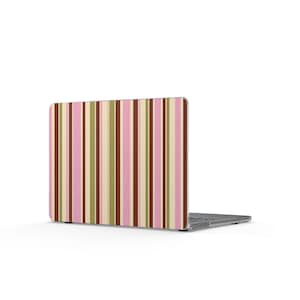 May include: A laptop computer featuring a protective skin with a vertical striped pattern. The stripes alternate in shades of light pink, olive green, cream, and dark brown, covering the entire visible back panel of the closed device.