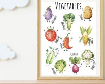 May include: A framed watercolor print featuring whimsical illustrations of various vegetables, each with a smiling face. The print includes an eggplant, broccoli, tomato, chili pepper, peas, corn, radish, lettuce, cauliflower, and potato. The word "Vegetables" is at the top.