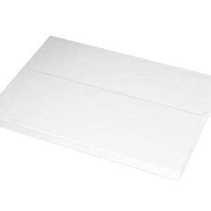 May include: A white envelope with a flap on the top. The envelope is lying flat on a white surface.