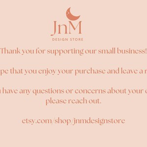May include: A thank you message from JnM Design Store, encouraging customers to leave a review and providing their Etsy shop link: etsy.com/shop/jnmdesignstore.