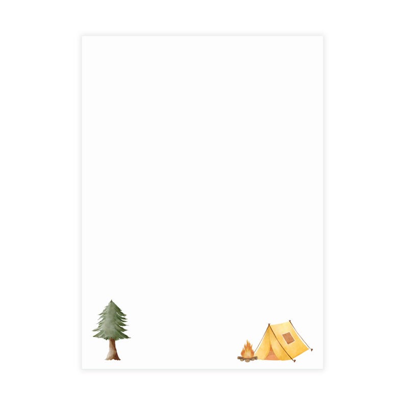 May include: A watercolor illustration of a camping scene with a green pine tree, a yellow tent, and a small orange campfire.