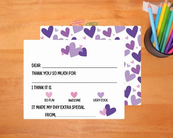 Kids Fill In The Blank Thank You Cards, Thank You Note Cards with Envelopes, Children's Heart Stationary Set