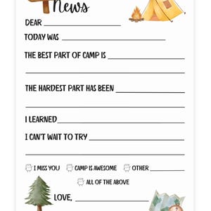 May include: A printable camp news letter with a watercolor illustration of a tent and campfire. The letter includes prompts for campers to write about their day at camp, including what they learned and what they are looking forward to trying. The letter ends with a choice of three options: I miss you, Camp is awesome, or Other.