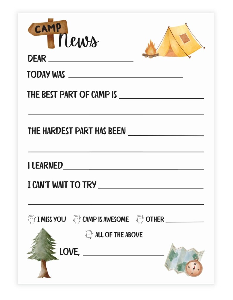 May include: A printable camp news letter with a watercolor illustration of a tent and campfire. The letter includes prompts for campers to write about their day at camp, including what they learned and what they are looking forward to trying. The letter ends with a choice of three options: I miss you, Camp is awesome, or Other.