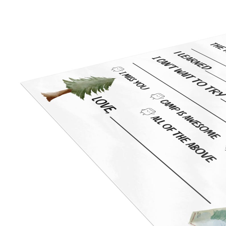 May include: A printable checklist with a watercolor illustration of a pine tree. The checklist includes the phrases "I learned", "I can't wait to try", "I miss you", "Camp is awesome", and "All of the above".