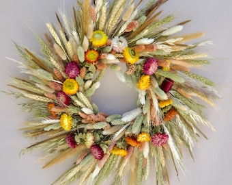 Dried Flower Wreath for Front Door – Rustic Wheat Wreath with Colorful Everlasting Flowers – Natural Fall Wall Decor – Country Cottage Style