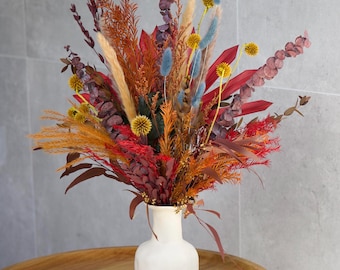 Boho Dried Flower Bouquet – Terracotta, Mustard & Soft Blue – Rustic Pampas Arrangement – Summer Decor – Long-Lasting Gift – Wedding Bouquet