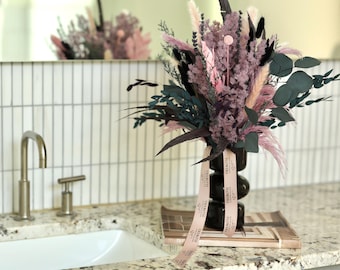 Romantic Dried Flower Arrangement in Black Vase – Preserved Mauve & Blush Bouquet Gift for Her, Mother’s Day, Birthday or Home Décor