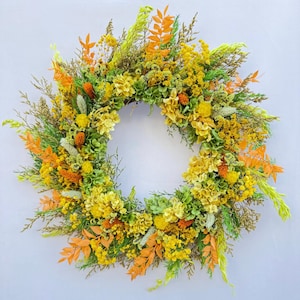 Handmade Dried Flower Wreath - Yellow, Orange & Green Fall Floral Decor for Front Door, Wall Decoration, or Year-Round Natural Home Accent