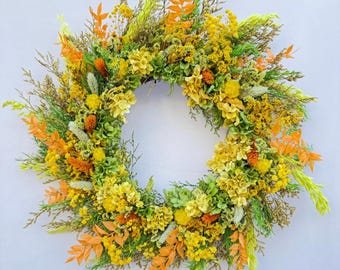 Handmade Dried Flower Wreath - Yellow, Orange & Green Fall Floral Decor for Front Door, Wall Decoration, or Year-Round Natural Home Accent