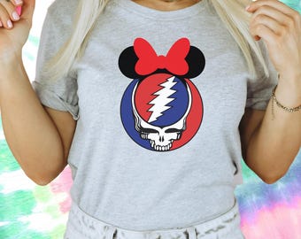 Disney Deadhead Minnie Ears Stealie Tshirt. Grateful Dead, Disney, Deadhead gift for her, Steal your Face tshirt, Minnie Mouse ears tshirt