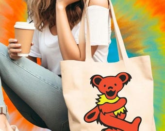 Dancing Bear Canvas tote Bag, Grateful Dead Festival Shopping Bag, Reusable Canvas Tote, Deadhead Gift, Music Lover Shoulder Bag, Cute  Bear