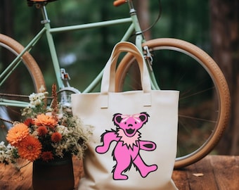 Bolsa de tela de Grateful Dead, bolsa de lona rosa con diseño de oso bailarín, regalo de Deadhead, lazo coqueto, accesorios para festivales de música, bolso de hombro hippie