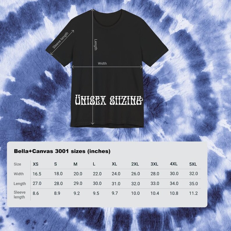 Puede incluir: Una tabla de tallas para camisetas unisex Bella+Canvas 3001, que muestra las medidas en pulgadas para el ancho, la longitud y la longitud de la manga para las tallas XS a 5XL.