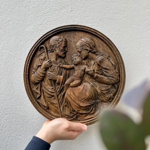 Nativity art Holy family Wooden Carved Catholic Wall Art - Child Jesus, Virgin Mary, Saint Joseph, wooden icon Christian gift - size 20&30cm