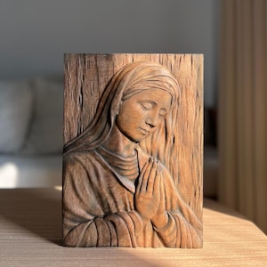 Virgin Mary Wooden Painting, Virgin Mary wooden carved icon Our Lady Personal engraved gift Wall Hanging Art Work Wooden gift Wooden canvas