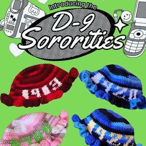 May include: Four crocheted bucket hats with different color combinations and the word "Sororities" embroidered on each. The hats are on a green background with a cartoon camera and cell phone.