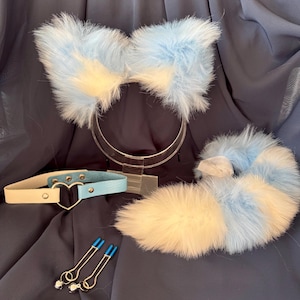Puede incluir: Una cola de gato de piel sintética azul y blanca, una diadema de piel sintética azul y blanca con orejas de gato, un collar de cuero blanco y azul con una hebilla en forma de corazón y un par de pinzas para pezones de metal azul con campanas plateadas.