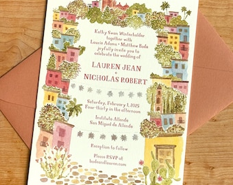 May include: Wedding invitation featuring a watercolour illustration of colourful buildings and a cactus. The text reads: Kathy Swan Winterhalder together with Laurie Adams Matthew Bode joyfully invite you to celebrate the wedding of LAUREN JEAN + NICHOLAS ROBERT Saturday, February 1, 2025 Four-thirty in the afternoon Instituto Allende San Miguel de Allende Reception to follow Please RSVP at bodeandlauren.com