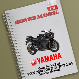 以下が含まれることがあります： ヤマハ YZF R1 モーターサイクルのサービスマニュアル。このマニュアルは、2009 年から 2014 年のモデルを対象としています。表紙には、白黒のモーターサイクルとヤマハのロゴが描かれています。