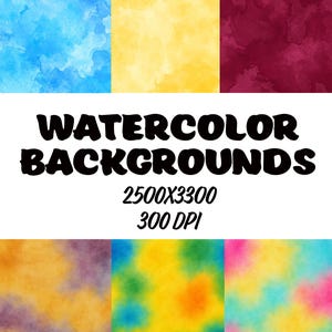 May include: A collection of watercolor backgrounds in various colors, including blue, yellow, and burgundy. The text "WATERCOLOR BACKGROUNDS" is displayed prominently, along with resolution and DPI information.