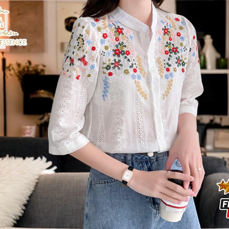 Embroidered Cotton Half-Button Blouse