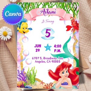 The Little Mermaid Ariel Birthday Invitation 5x7in, Baby Ariel Invitation Little Mermaid Theme Party Invite Instant for Kids, Canva Editable