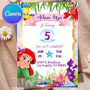 The Little Mermaid Ariel Birthday Invitation 5x7in, Baby Ariel Invitation Little Mermaid Theme Party Invite Instant for Kids, Canva Editable