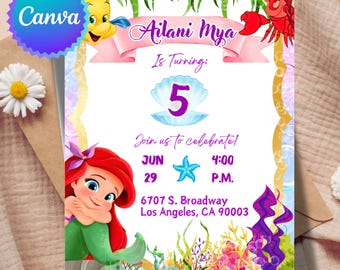 Ariel Birthday Invitation: Little Mermaid Theme, Editable Canva Template