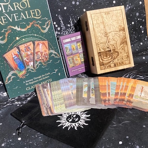Handgemaakte tarotcadeauset | Ultieme beginnersset, lasergegraveerde houten kist (gemaakt in het Verenigd Koninkrijk), fluwelen tas, tarotgids, The Star