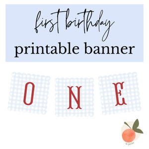 Blue with Red & White Gingham &#39;ONE&#39; Scallop Edge High Chair Banner |Printable Download| ONE Banner |First Birthday| Grandmillennial Decor