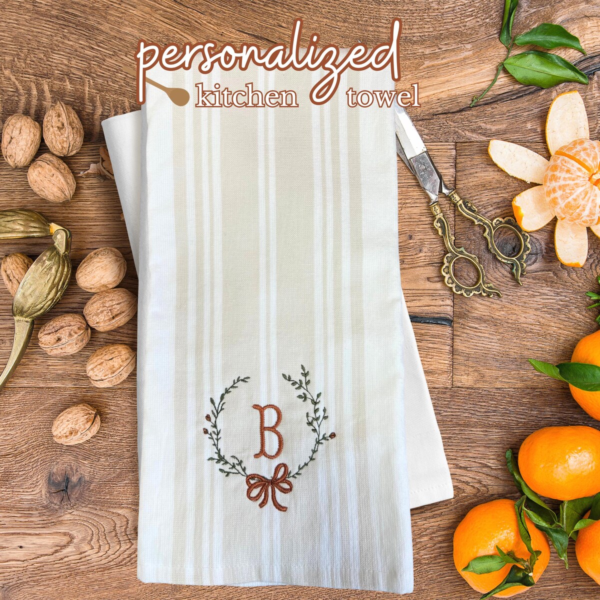 Embroidered Monogrammed Fall Wreath Kitchen Dish Towel | Personalized Holiday Gift for Mom or Teacher |hostess Gift | Housewarming Gift - Etsy