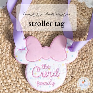 Miss Mouse Embroidered Stroller Tag Magical Stroller Sign Custom Personalized Theme Park Sign for Stroller Tag Accessory Magical Name Sign