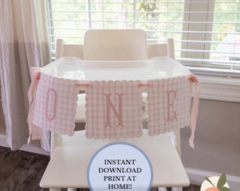 Pink Gingham 'ONE' Scallop Edge High Chair Banner | Printable Download | ONE High Chair Banner | First Birthday| Grandmillennial Party Decor