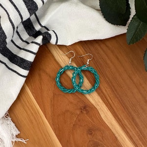 Beaded Hoop Dangle Earrings, Turquoise on Silver Hoop, Twisted Seed Beads