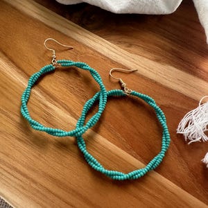 Turquoise Seed Bead Twisted Drop Hoop Earrings, Gold Ear Wire Hook