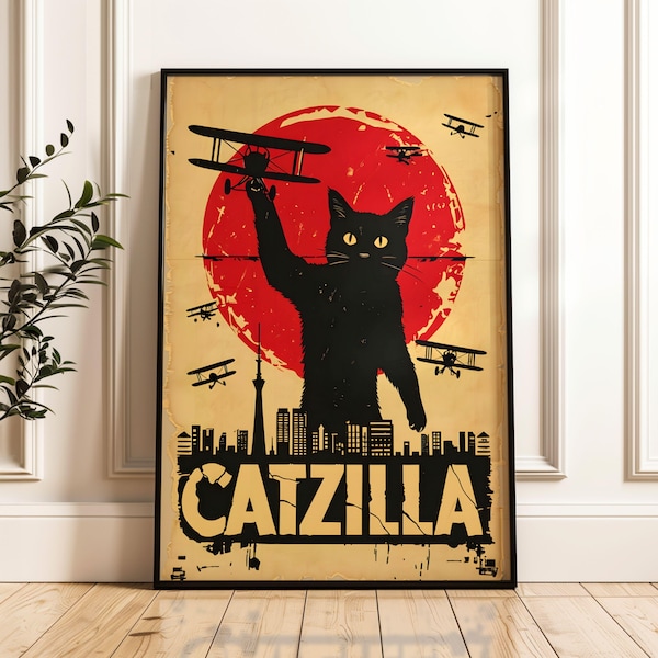Vintage Style Catzilla Art Poster, Black Cat Art Poster, Cat Lover Gift, Retro Style Art, Cat Lover Gift, Statement Wall Art