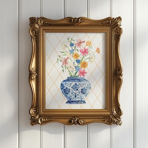Blue Chinoiserie Vase Art Print: Vintage Floral Wall Decor (Digital Download)