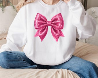 Glitter Pink Bow Sweatshirt, Glitter Bow Sweatshirt, Coquette Fashion, Birthday Gift for Her