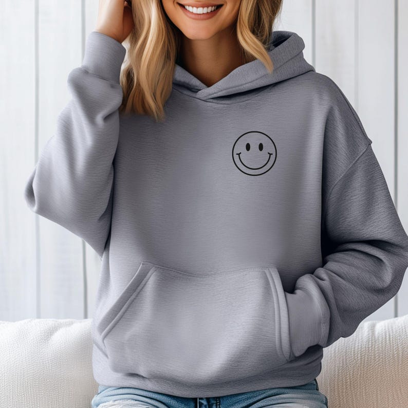 Embroidered Smiley Face Hoodie: Unisex Pullover image 3