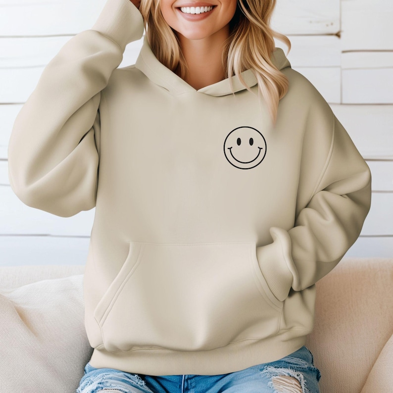 Embroidered Smiley Face Hoodie: Unisex Pullover image 2