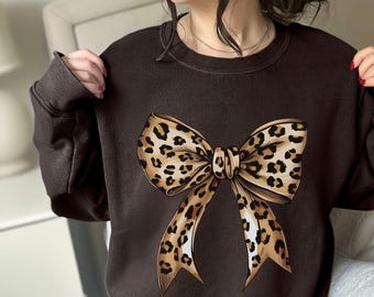 Leopard Print Bow Sweatshirt: Coquette Style Fall Shirt