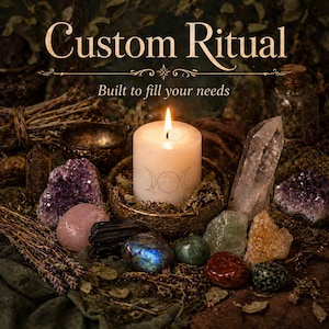 May include: A lit white candle with a triple moon symbol, surrounded by crystals and gemstones. The image includes the text "Custom Ritual" and "Built to fill your needs". The arrangement suggests a spiritual or metaphysical theme.