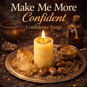 May include: A lit yellow candle with a decorative top sits on a silver tray with crystals and stones. The tray also holds a small bowl and a bottle. The text "Make Me More Confident" and "Confidence Forge" are at the top.