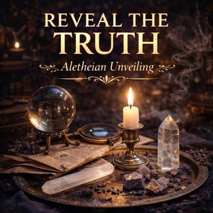 Puede incluir: Una composición mística con una bola de cristal, una vela encendida en un portavelas de latón y un cristal de cuarzo transparente. El texto "Reveal the Truth" y "Aletheian Unveiling" se muestra encima de los objetos.