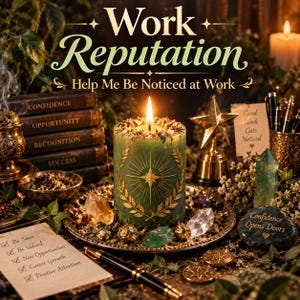 Könnte beinhalten: Eine grüne Stumpenkerze mit goldenem Stern- und Lorbeermotiv, verziert mit getrockneten Kräutern. Sie steht auf einem goldenen Tablett, umgeben von Kristallen, einer Sterntrophäe, einem Stapel Bücher mit den Aufschriften Confidence, Opportunity, Recognition, Success.